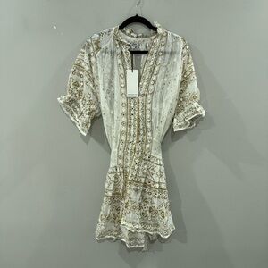 NWT Juliet Dunn Dress Blouson Mini Cotton in White Tan